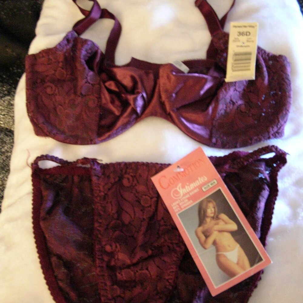 NWT 36D satin & lace Hanes bra & Commotion M/6 panties burgundy brown